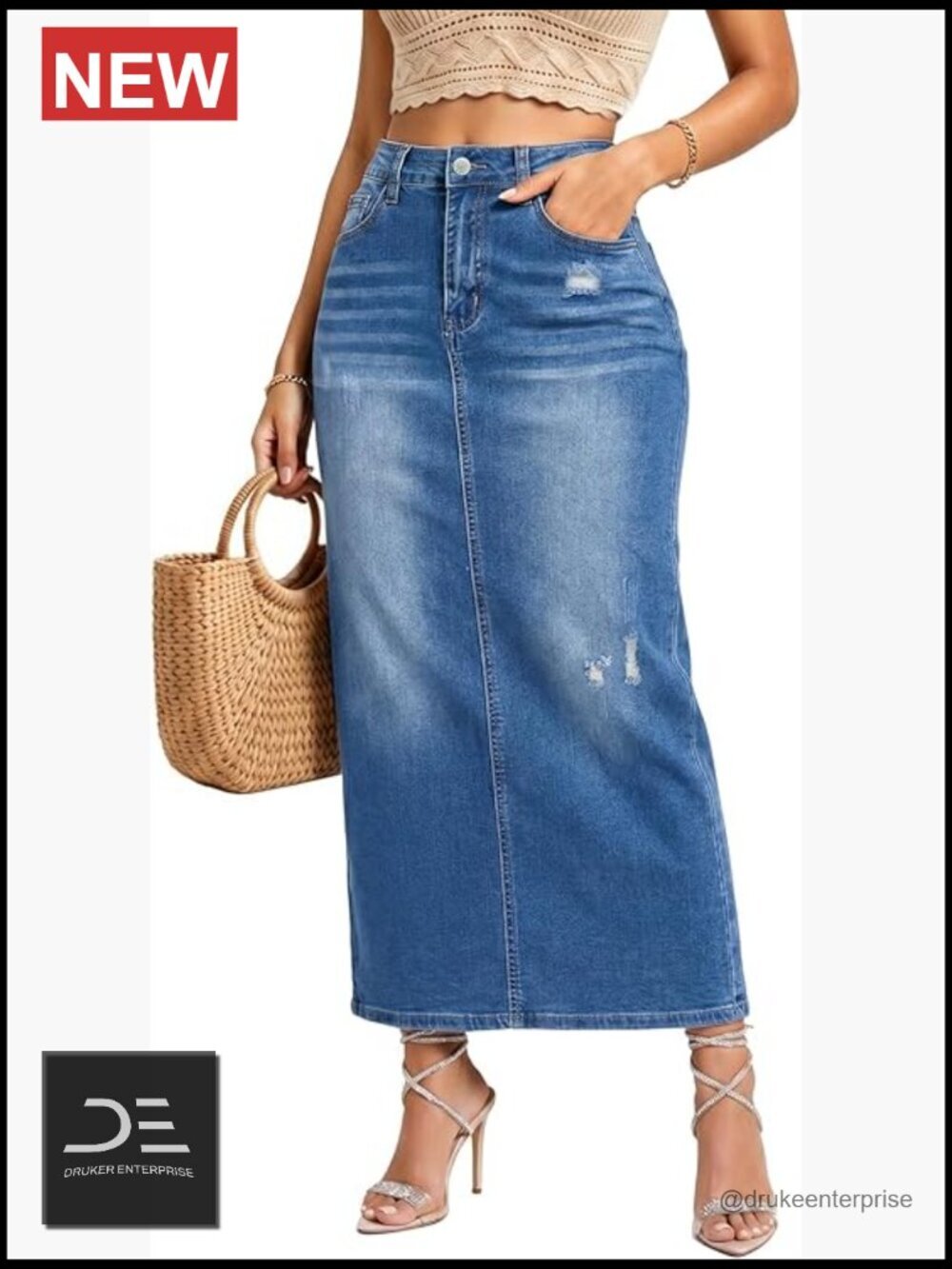 High Waisted Long Denim Skirt with Back Slit Distressed Holes Stretch Whisker